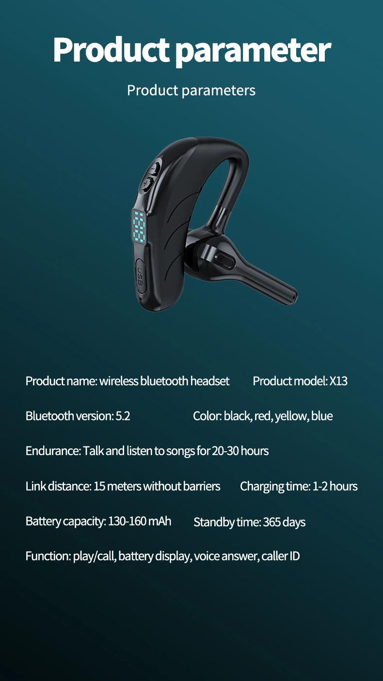 X13 Single Ear Headset with Mic Bluetooth 5.1 Earphone Noise Cancelling Waterproof Earpiece Wireless Handsfree Long Standby Time