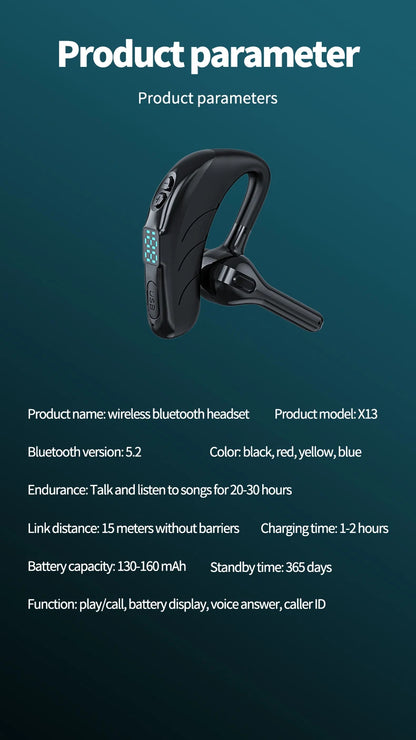 X13 Single Ear Headset with Mic Bluetooth 5.1 Earphone Noise Cancelling Waterproof Earpiece Wireless Handsfree Long Standby Time